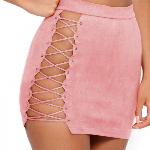 Halter Crop Tops Lace Up Bandage Hot Skirts 2 Piece Green Pink Halter